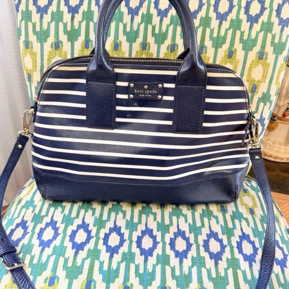 Kate Spade new york Navy/White Striped Satchel Zip Top Handle Detachable Strap